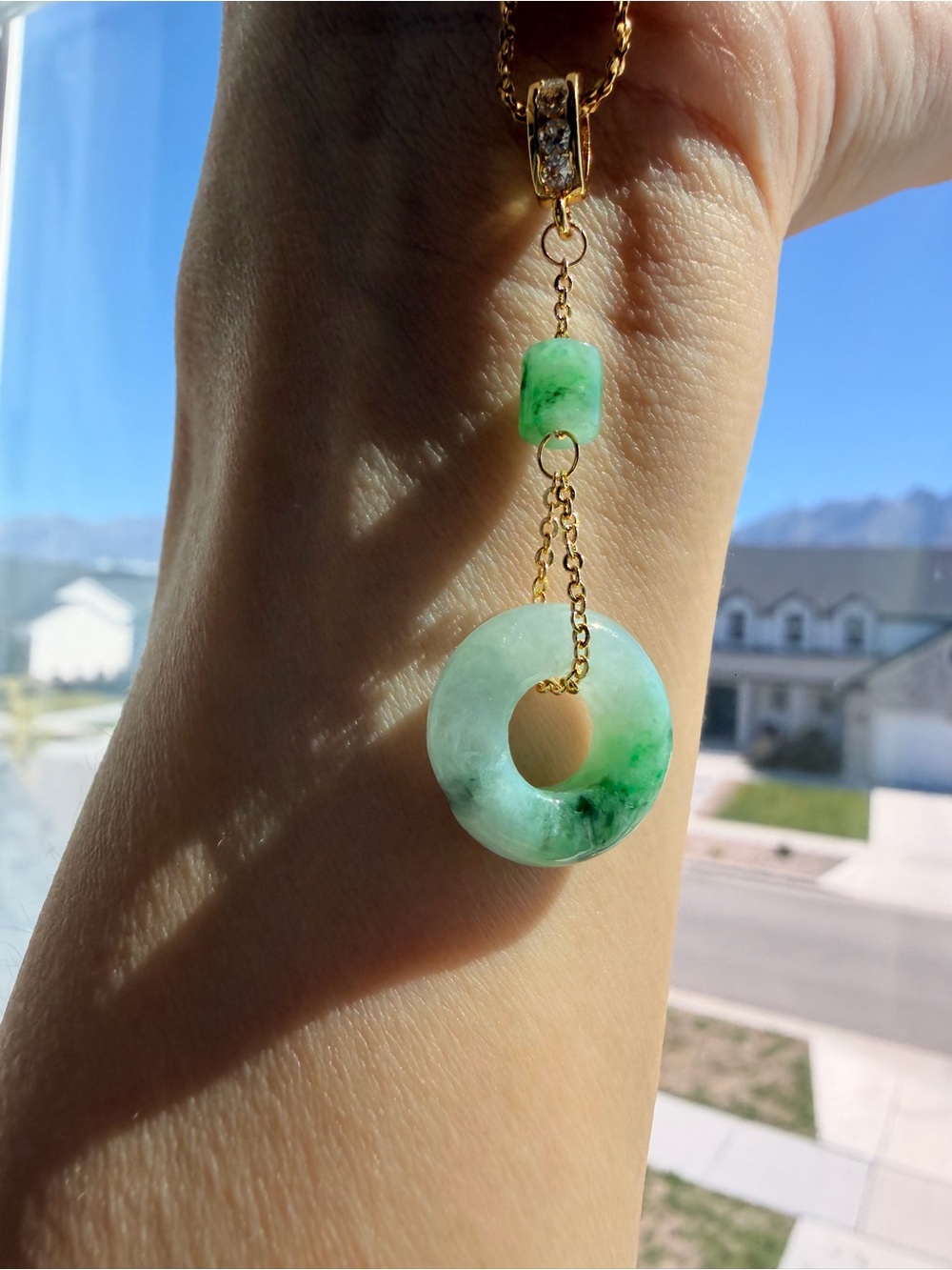 Natural Grade A Burmese Icy Vivid Green Floating Floral Jadeite Donut Pendant